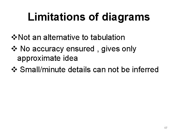 Limitations of diagrams v. Not an alternative to tabulation v No accuracy ensured ,
