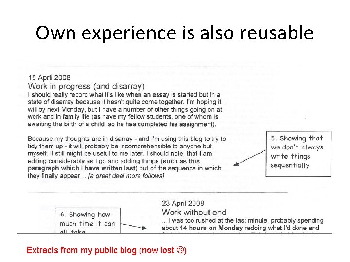 Own experience is also reusable Extracts from my public blog (now lost ) 