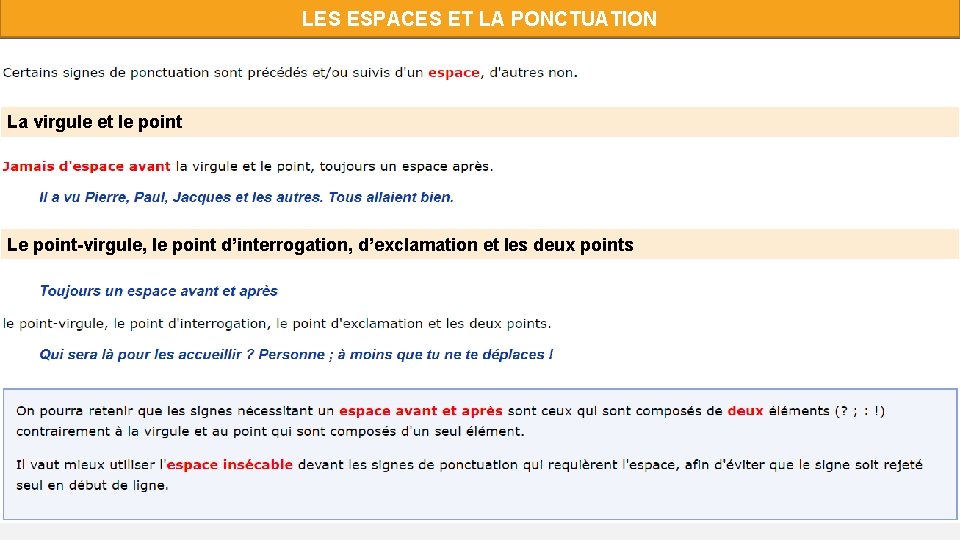 LES ESPACES ET LA PONCTUATION La virgule et le point Le point-virgule, le point