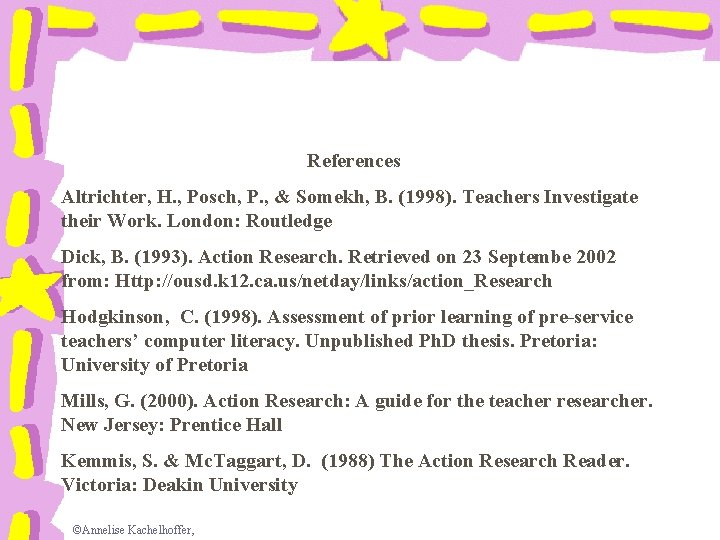 References Altrichter, H. , Posch, P. , & Somekh, B. (1998). Teachers Investigate their