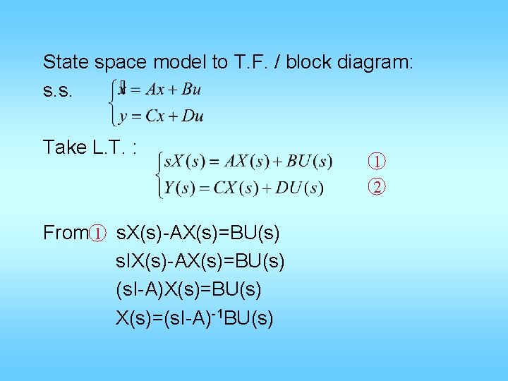 State space model to T. F. / block diagram: s. s. Take L. T.