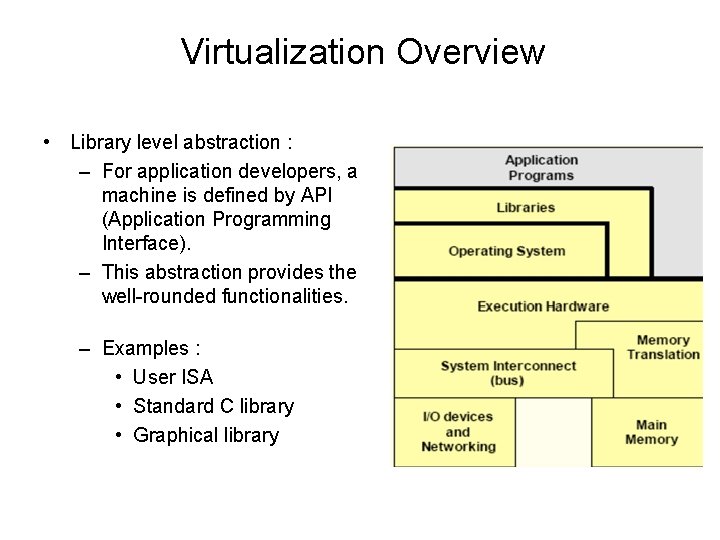 Virtualization Overview • Library level abstraction : – For application developers, a machine is
