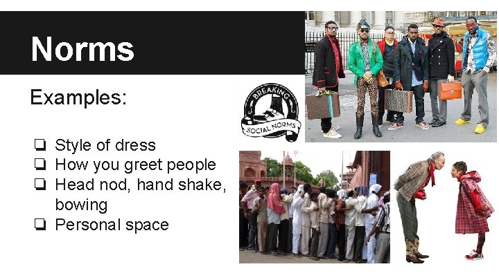 Norms Examples: ❏ Style of dress ❏ How you greet people ❏ Head nod, Norms Examples: ❏ Style of dress ❏ How you greet people ❏ Head nod,