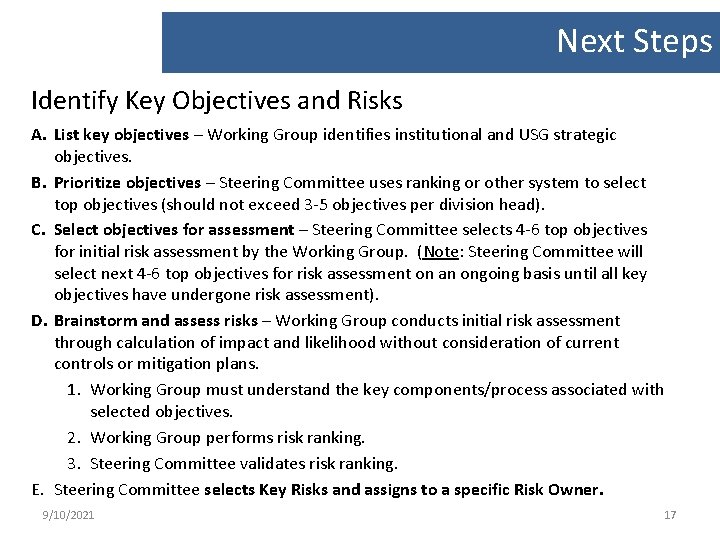Next Steps Identify Key Objectives and Risks A. List key objectives – Working Group