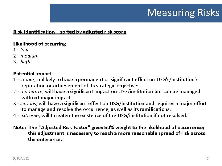 Measuring Risks Risk Identification – sorted by adjusted risk score Likelihood of occurring 1