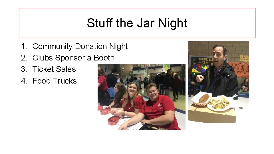 Stuff the Jar Night 1. 2. 3. 4. Community Donation Night Clubs Sponsor a