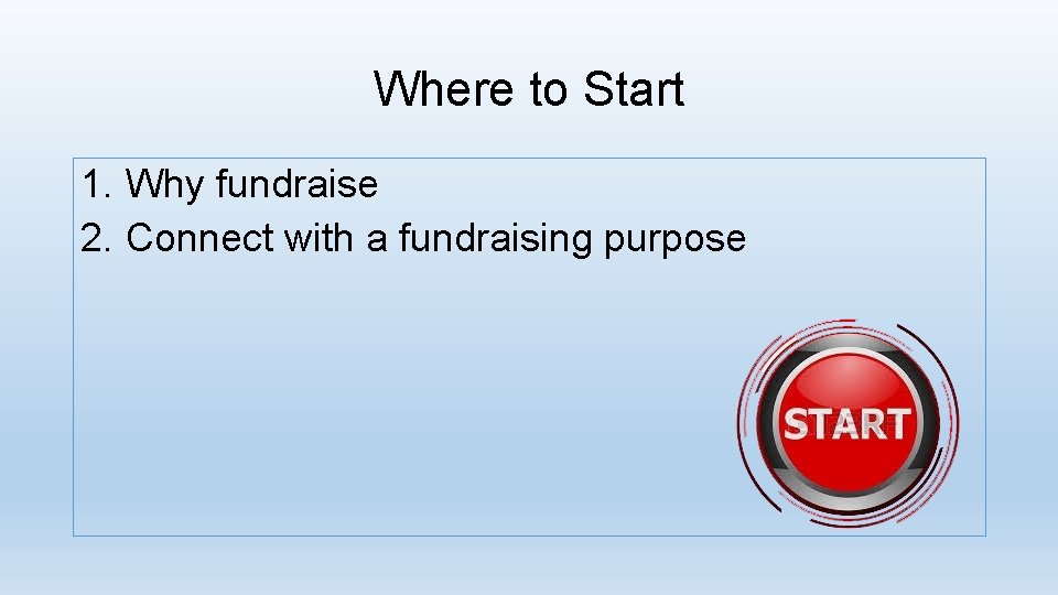 Where to Start 1. Why fundraise 2. Connect with a fundraising purpose 