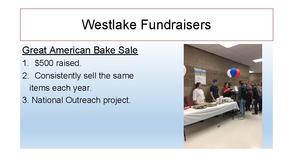 Westlake Fundraisers Great American Bake Sale 1. $500 raised. 2. Consistently sell the same