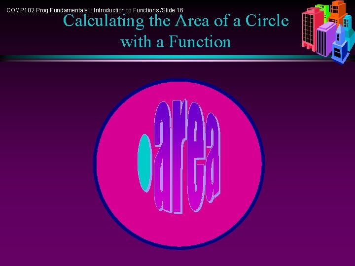 COMP 102 Prog Fundamentals I: Introduction to Functions /Slide 16 Calculating the Area of