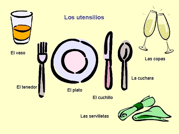 Los utensilios El vaso Las copas La cuchara El tenedor El plato El cuchillo