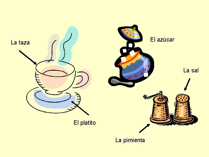 El azúcar La taza La sal El platito La pimienta 