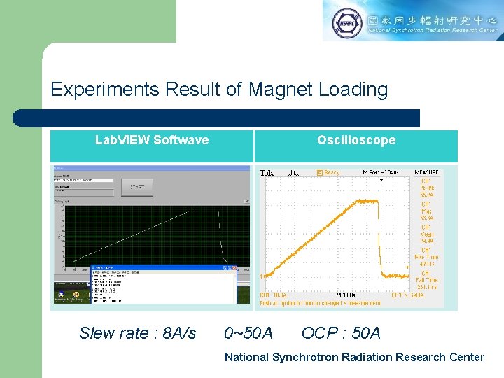 Experiments Result of Magnet Loading Lab. VIEW Softwave Slew rate : 8 A/s Oscilloscope