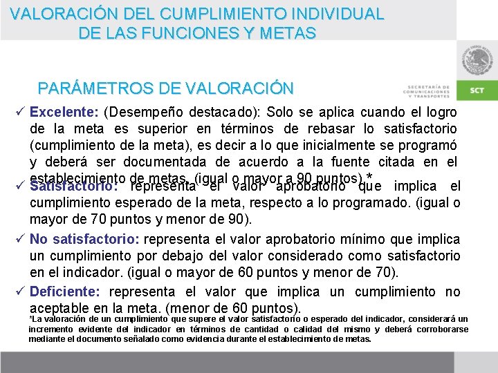 VALORACIÓN DEL CUMPLIMIENTO INDIVIDUAL DE LAS FUNCIONES Y METAS PARÁMETROS DE VALORACIÓN ü Excelente: