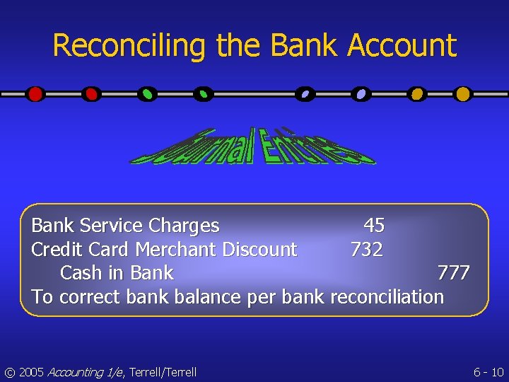 Reconciling the Bank Account Bank Service Charges 45 Credit Card Merchant Discount 732 Cash