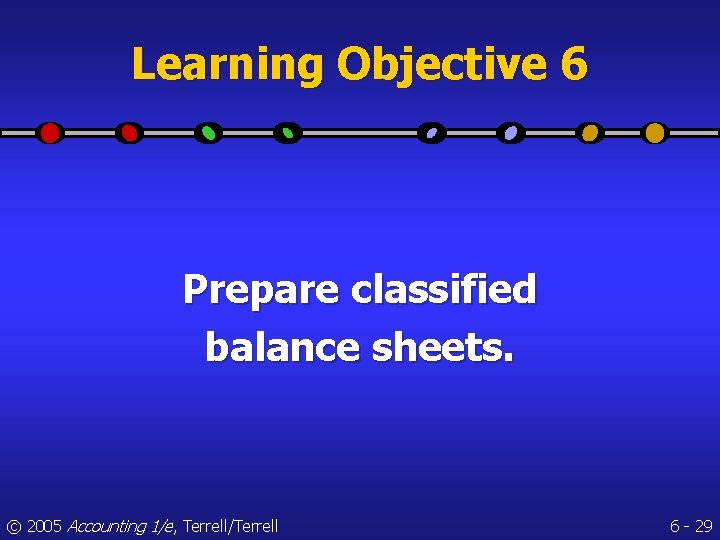 Learning Objective 6 Prepare classified balance sheets. © 2005 Accounting 1/e, Terrell/Terrell 6 -