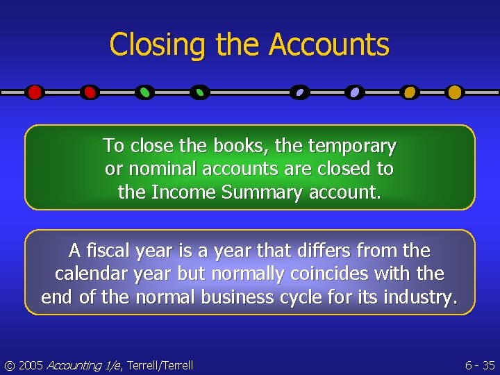 Closing the Accounts To close the books, the temporary or nominal accounts are closed