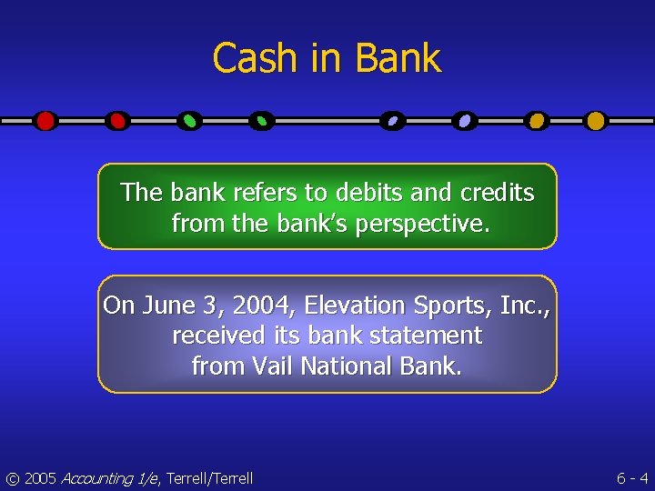 Cash in Bank The bank refers to debits and credits from the bank’s perspective.