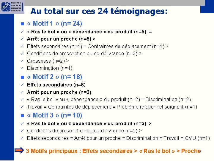 Au total sur ces 24 témoignages: n « Motif 1 » (n= 24) ü