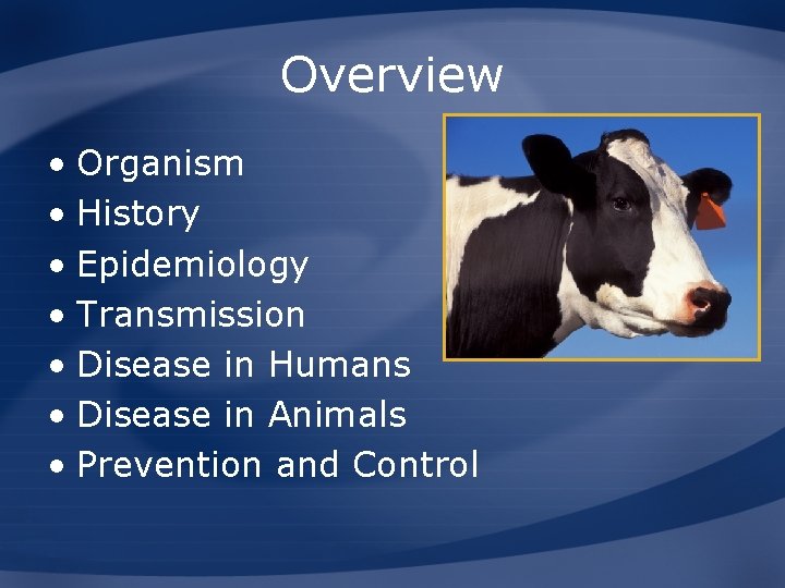 Overview • Organism • History • Epidemiology • Transmission • Disease in Humans •