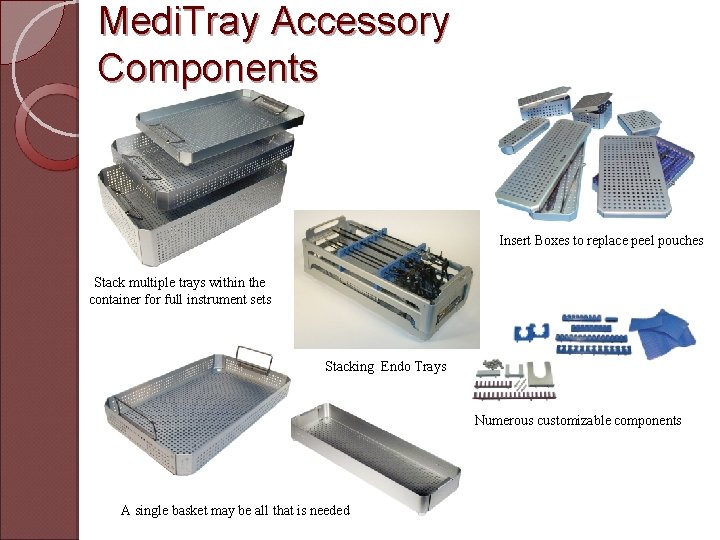 Medi. Tray Accessory Components Insert Boxes to replace peel pouches Stack multiple trays within