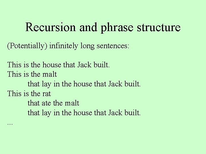 Recursion and phrase structure (Potentially) infinitely long sentences: This is the house that Jack