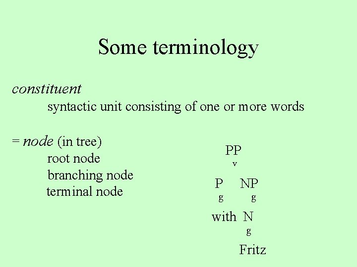 Some terminology constituent syntactic unit consisting of one or more words = node (in