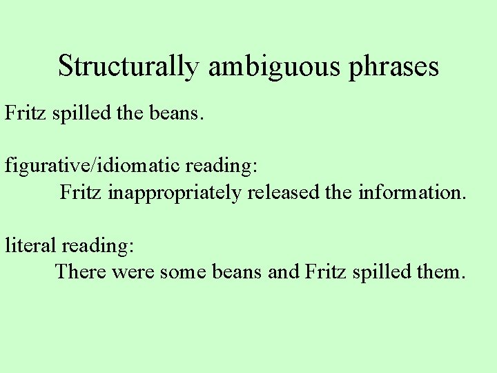 Structurally ambiguous phrases Fritz spilled the beans. figurative/idiomatic reading: Fritz inappropriately released the information.