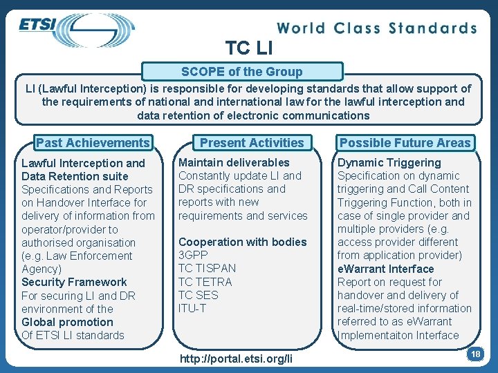 TC LI SCOPE of the Group LI (Lawful Interception) is responsible for developing standards