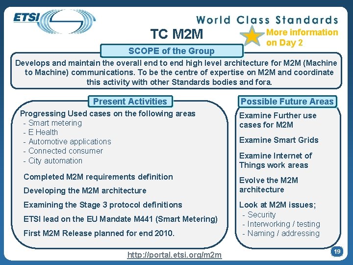 TC M 2 M SCOPE of the Group More information on Day 2 Develops