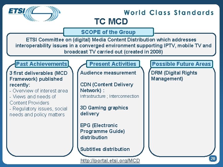 TC MCD SCOPE of the Group ETSI Committee on (digital) Media Content Distribution which