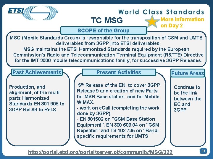 TC MSG SCOPE of the Group More information on Day 2 MSG (Mobile Standards