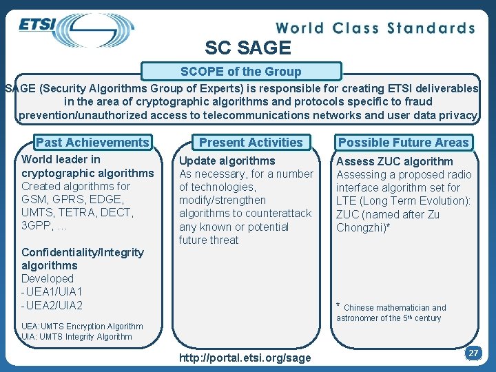 SC SAGE SCOPE of the Group SAGE (Security Algorithms Group of Experts) is responsible