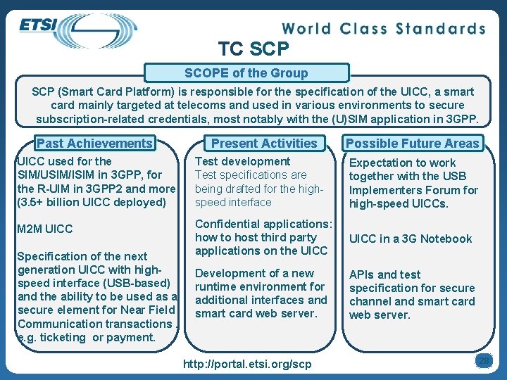 TC SCP SCOPE of the Group SCP (Smart Card Platform) is responsible for the