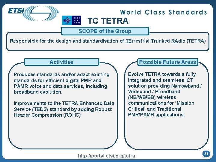 TC TETRA SCOPE of the Group Responsible for the design and standardisation of TErrestrial