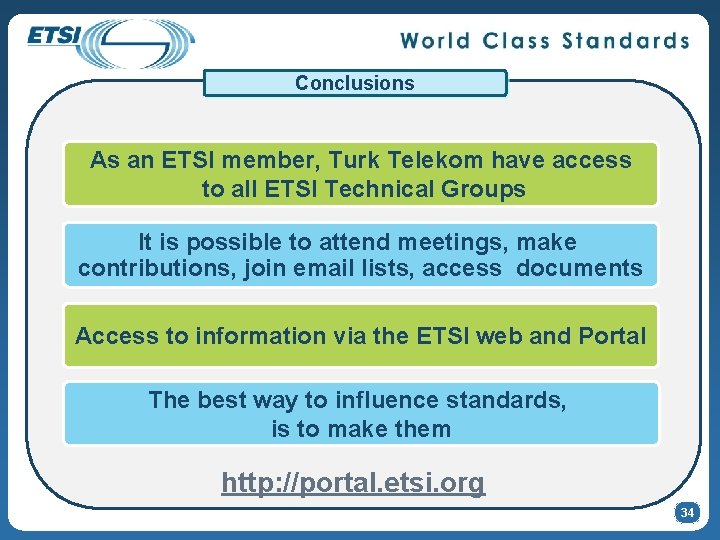 Conclusions As an ETSI member, Turk Telekom have access to all ETSI Technical Groups