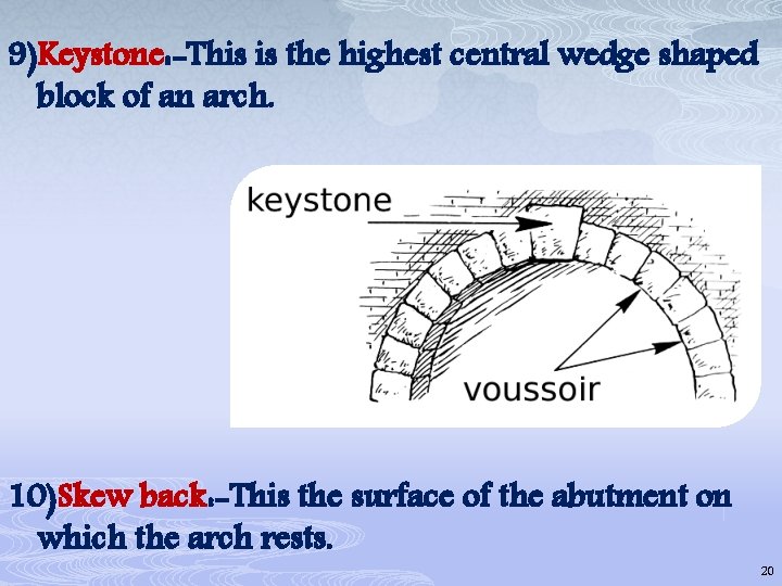 9)Keystone: -This is the highest central wedge shaped block of an arch. 10)Skew back: