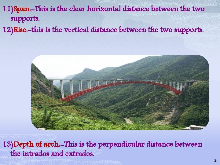11)Span: -This is the clear horizontal distance between the two supports. 12)Rise: -this is