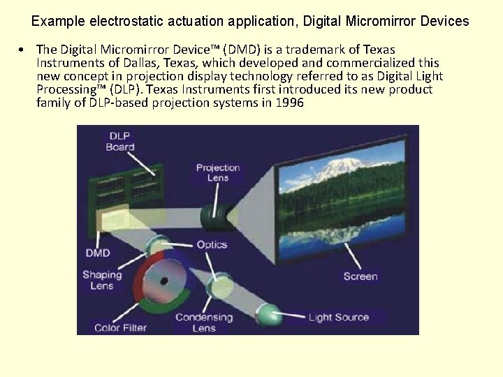 Example electrostatic actuation application, Digital Micromirror Devices • The Digital Micromirror Device™ (DMD) is