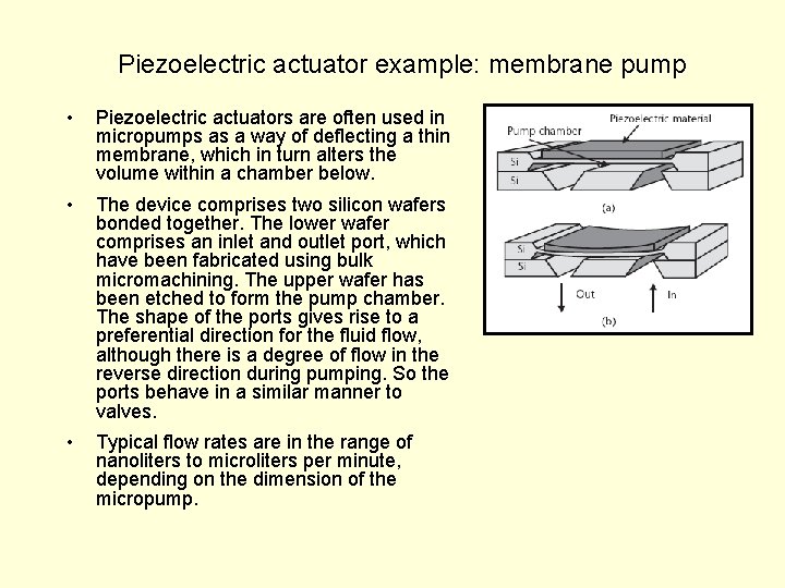 Piezoelectric actuator example: membrane pump • Piezoelectric actuators are often used in micropumps as