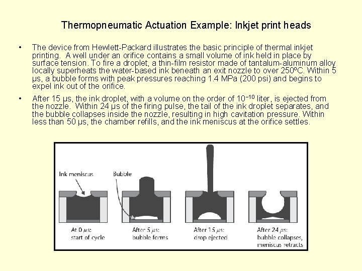 Thermopneumatic Actuation Example: Inkjet print heads • The device from Hewlett-Packard illustrates the basic