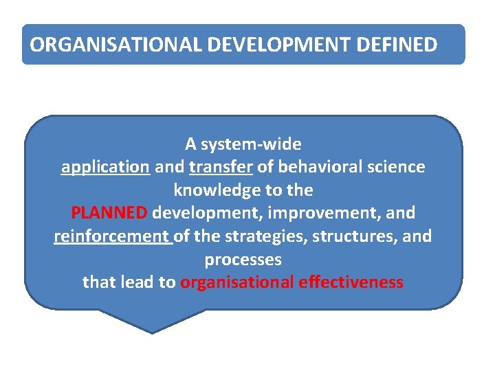 ORGANISATIONAL DEVELOPMENT DEFINED A system-wide application and transfer of behavioral science knowledge to the