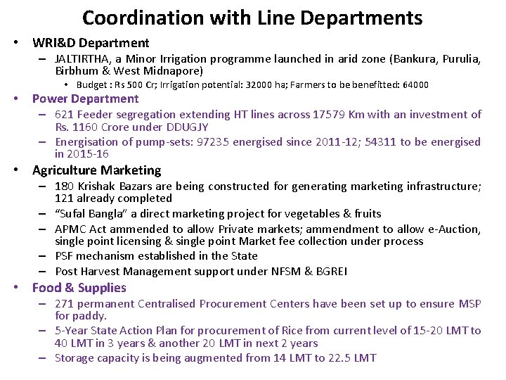 Coordination with Line Departments • WRI&D Department – JALTIRTHA, a Minor Irrigation programme launched