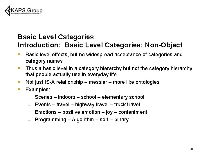Basic Level Categories Introduction: Basic Level Categories: Non-Object § Basic level effects, but no