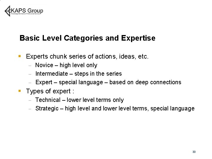 Basic Level Categories and Expertise § Experts chunk series of actions, ideas, etc. Novice