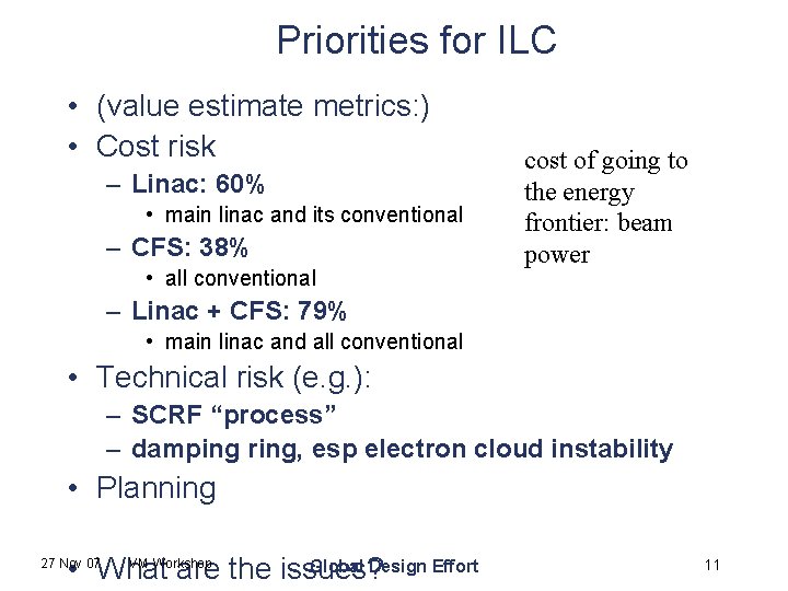 Priorities for ILC • (value estimate metrics: ) • Cost risk – Linac: 60%