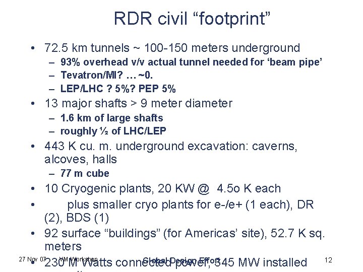 RDR civil “footprint” • 72. 5 km tunnels ~ 100 -150 meters underground –