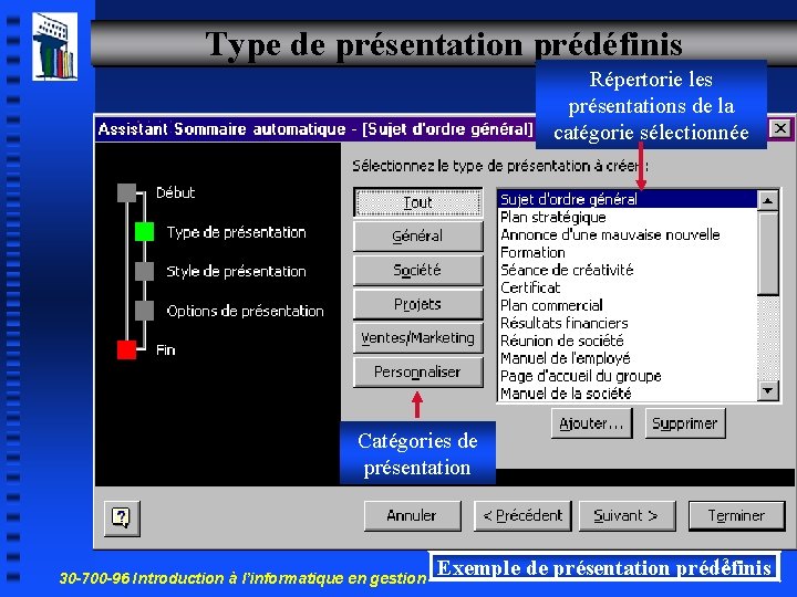 Type de présentation prédéfinis Répertorie les présentations de la catégorie sélectionnée Catégories de présentation