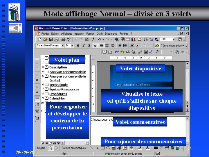 Mode affichage Normal – divisé en 3 volets Volet plan Volet diapositive Pour organiser