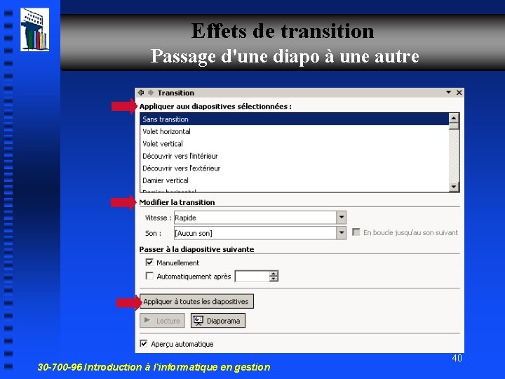 Effets de transition Passage d'une diapo à une autre 30 -700 -96 Introduction à