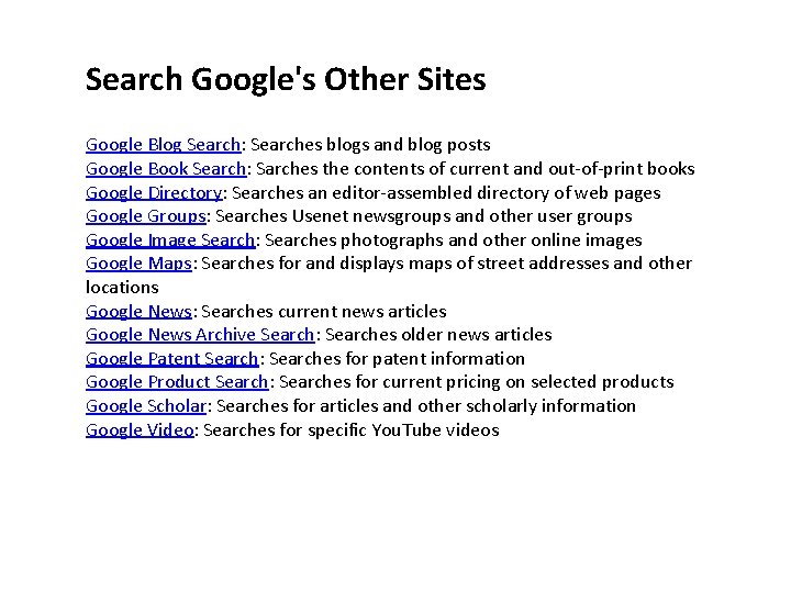 Search Google's Other Sites Google Blog Search: Searches blogs and blog posts Google Book